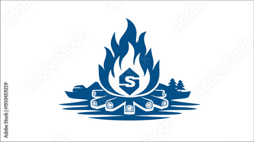A blue stylized campfire graphic with flames, surrounding landscape elements, and a stylized symbol