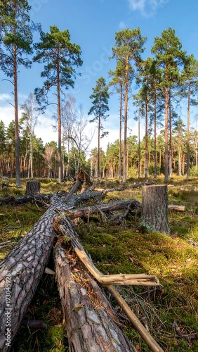 Fallen logs in a pine forest. Sunlight filters through tall trees