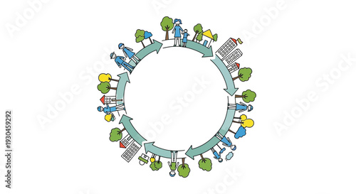 People moving in a circular motion with houses and trees in vector graphic illustration