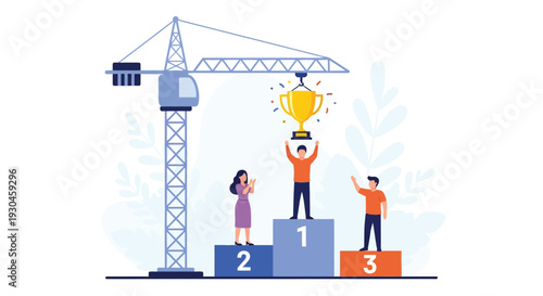 Construction success celebrating a winning project with a golden trophy