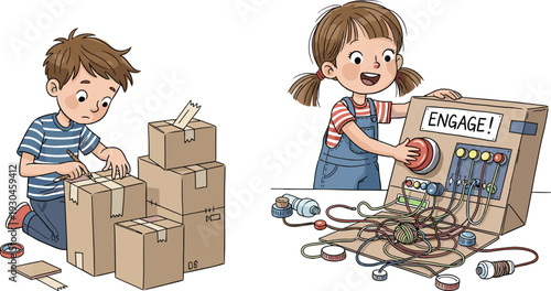 Kids building cardboard control machine invention, creative engineering play activity, children science experiment learning concept cartoon flat vector illustration