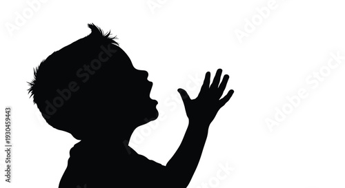 Silhouette of a young child with spiky hair looking up with a raised hand