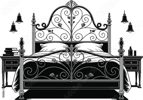 Vintage wrought iron bed illustration, elegant bedroom furniture design with ornate headboard, classic interior decor vector, antique sleeping room concept