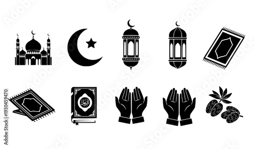 Ramadan and Eid Islamic religious silhouette icons collection for Muslim culture and prayer design isolated on white background