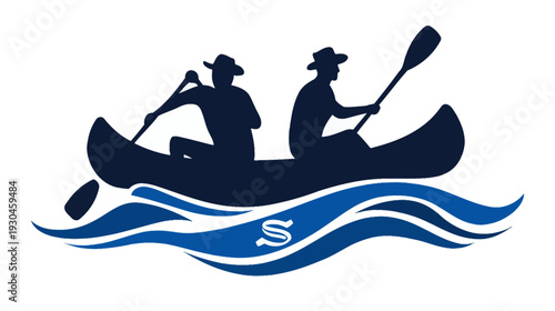 Silhouetted illustration of two people paddling a canoe on water with a stylized wave design