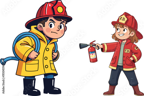 Kids firefighter cartoon characters with fire safety equipment, children emergency rescue role play, young fireman illustration flat vector design