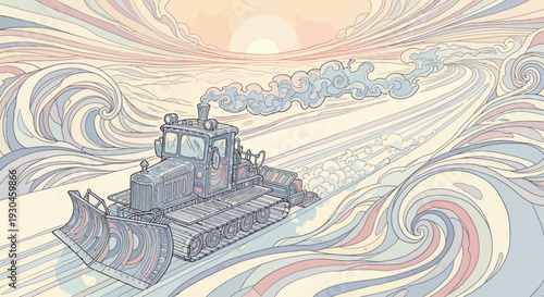 Bulldozer in Surreal Watercolor Landscape Scene.