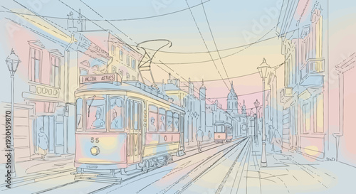 Vintage Streetcar on Urban Railway Tracks.