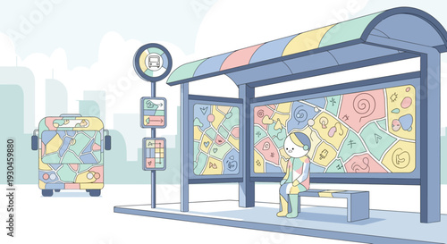 Cartoon Character Waiting at Bus Stop Shelter.