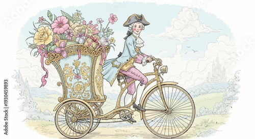 Canvas Print Vintage Woman Riding Bicycle with Flowers.