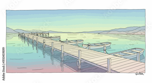 Serene Watercolor Painting of a Dock Scene.