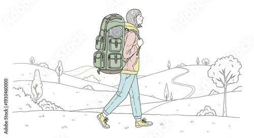 Woman Hiker with Backpack Walking Outdoors.