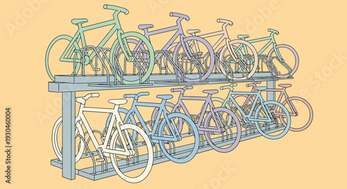 Bicycles parked on a metal rack.