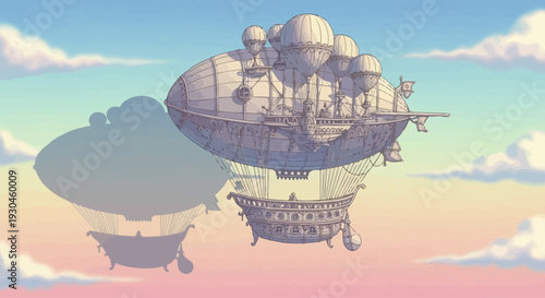 Steampunk Airship with Balloons and Propellers.