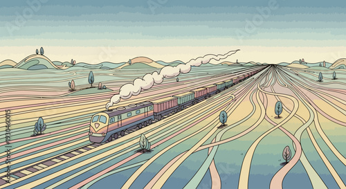 Vintage Train Traveling Through Countryside Landscape.