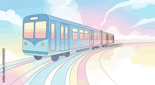 Blue Train on Railway Tracks Illustration.