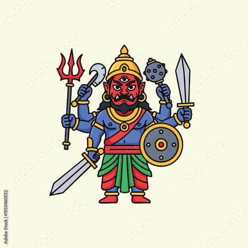 A cartoon depiction of a deity figure with multiple arms, wielding weapons and a shield. The deity has a red face, blue skin, and wears a crown