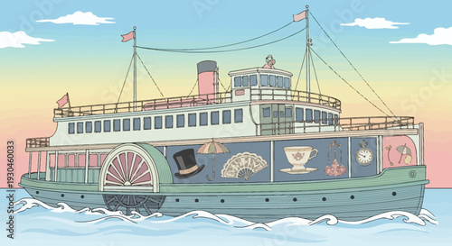 Vintage Green Paddle Steamer Boat Illustration.