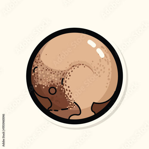 A cartoon depiction of a spherical object, speckled with dark spots and patches, within a black outline