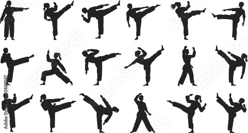 Martial arts silhouettes of fighters performing karate and taekwondo kicks, stances, defensive blocks, combat techniques, sports illustration design collection