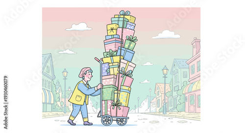 Delivery Person Pushing Cart with Packages.