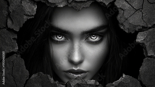 Intense close-up portrait of hauntingly beautiful woman with luminous eyes peering through frame of cracked, dark stone in monochromatic detail