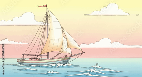 Sailing Boat on the Ocean Waves.