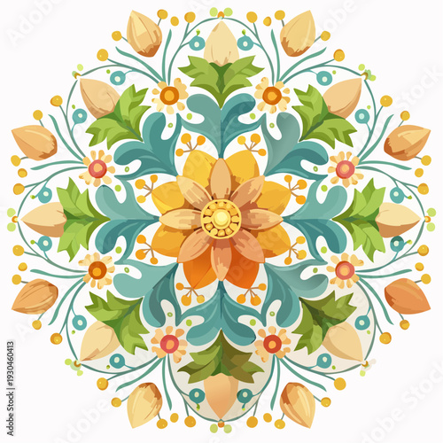 Symmetrical Floral Mandala Featuring Central Stylized Orange Flower, Teal Leaves, Yellow Accents, Green Stems, and Vibrant Patterns
