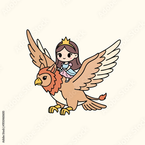 A cartoon princess wearing a crown sits astride a mythical creature. The creature has wings and the face of an eagle. The scene is set on a light background