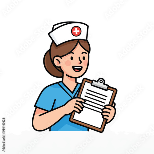 A cartoon nurse is smiling while holding a clipboard with a pen. She has brown hair and is wearing a nurse's hat