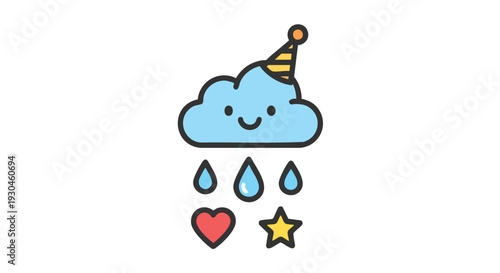 A cheerful cartoon illustration featuring a smiling blue cloud wearing a party hat, raining raindrops and symbols like heart and star