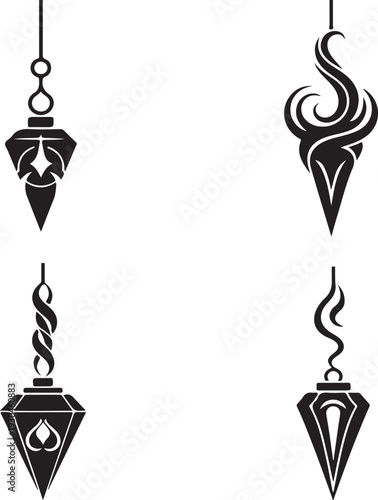Ornate vector silhouette collection of mystical hanging pendants, intricate fantasy and tribal decorative elements for graphic art