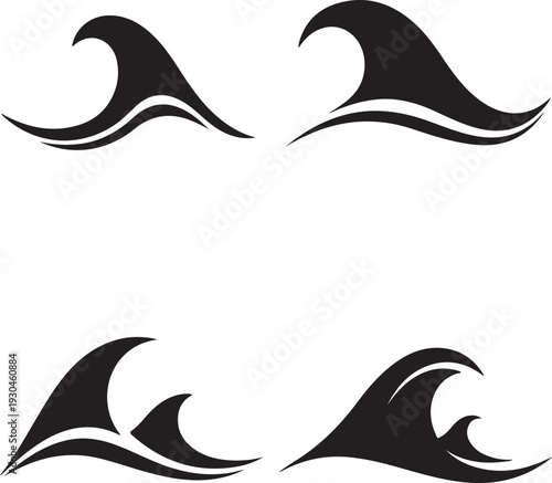 Set of Four Abstract Wave Silhouettes in Black on a Transparent Background, Perfect for Aquatic and Nautical Designs