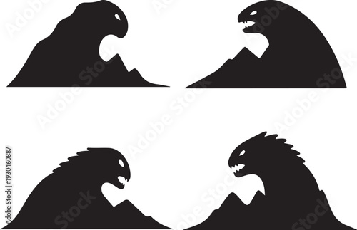 Silhouette vector design of monstrous waves crashing against mountains with sharp teeth and menacing eyes, on a transparent background