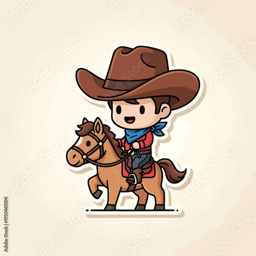 A cartoon cowboy, wearing a hat and scarf, rides a horse against a light background with subtle artistic textures