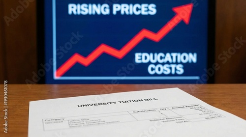 Rising Education Costs Illustrated on Screen with University Tuition Bill on Table