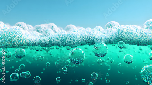 Macro view of sparkling turquoise water bubbles and foam on the surface. Abstract background with refreshing teal liquid and fizzy carbonation for health and hygiene concepts.