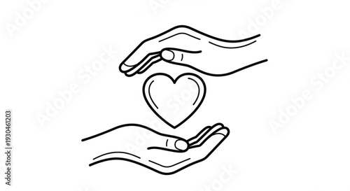 Hands holding a heart symbol representing love care and compassion in a simple line art style