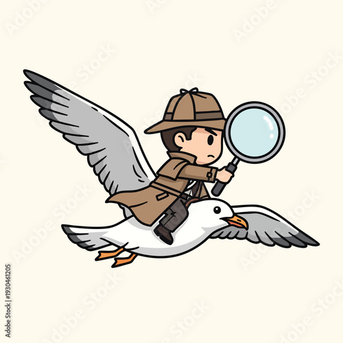 A cartoon detective with a magnifying glass riding a seagull. He wears a hat and coat. The seagull has spread wings and is flying