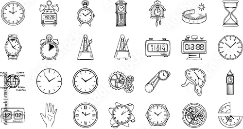 Time Icons Sketch Collection: Clocks, Watches, Metronomes, Sundials, Hourglasses, and More Hand-Drawn Illustrations