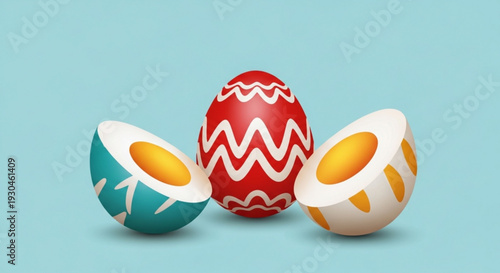 Three colorful decorated easter eggs on a light blue background two halved and one whole vibrant patterns