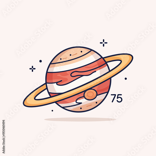 A cartoon depiction of a ringed planet, featuring warm colors and a simple style. The background is a pale beige