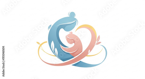 Mother and child in a loving embrace symbolizing family bond and love with pastel colors and flowing lines on a white background