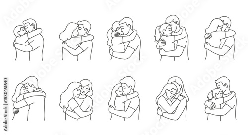 Minimalist Line Art Illustration of Couples Hugging and Embracing