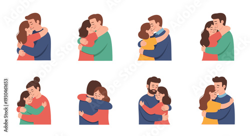 Set of Diverse Couples Embracing and Hugging with Affection