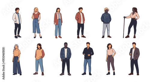 Collection of diverse people standing in casual and business outfits flat design