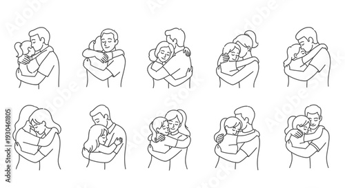Set of simple line art illustrations of diverse couples hugging and embracing in various poses