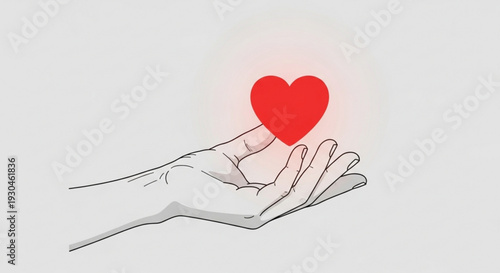 Hand holding red heart symbol on white background representing love care and compassion in a simple line drawing style