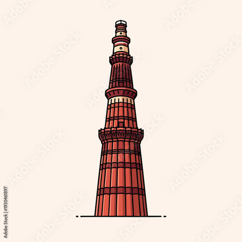 A tall, tapering tower in an illustrative style with varying shades of red-brown. It stands on a plain background, with defined architectural features