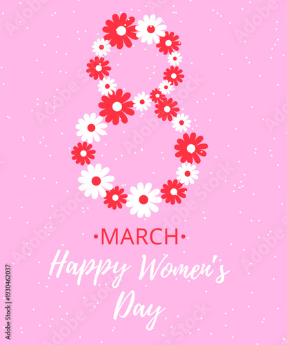 Illustration of a greeting card for Women's Day with flowers on a light pink background.